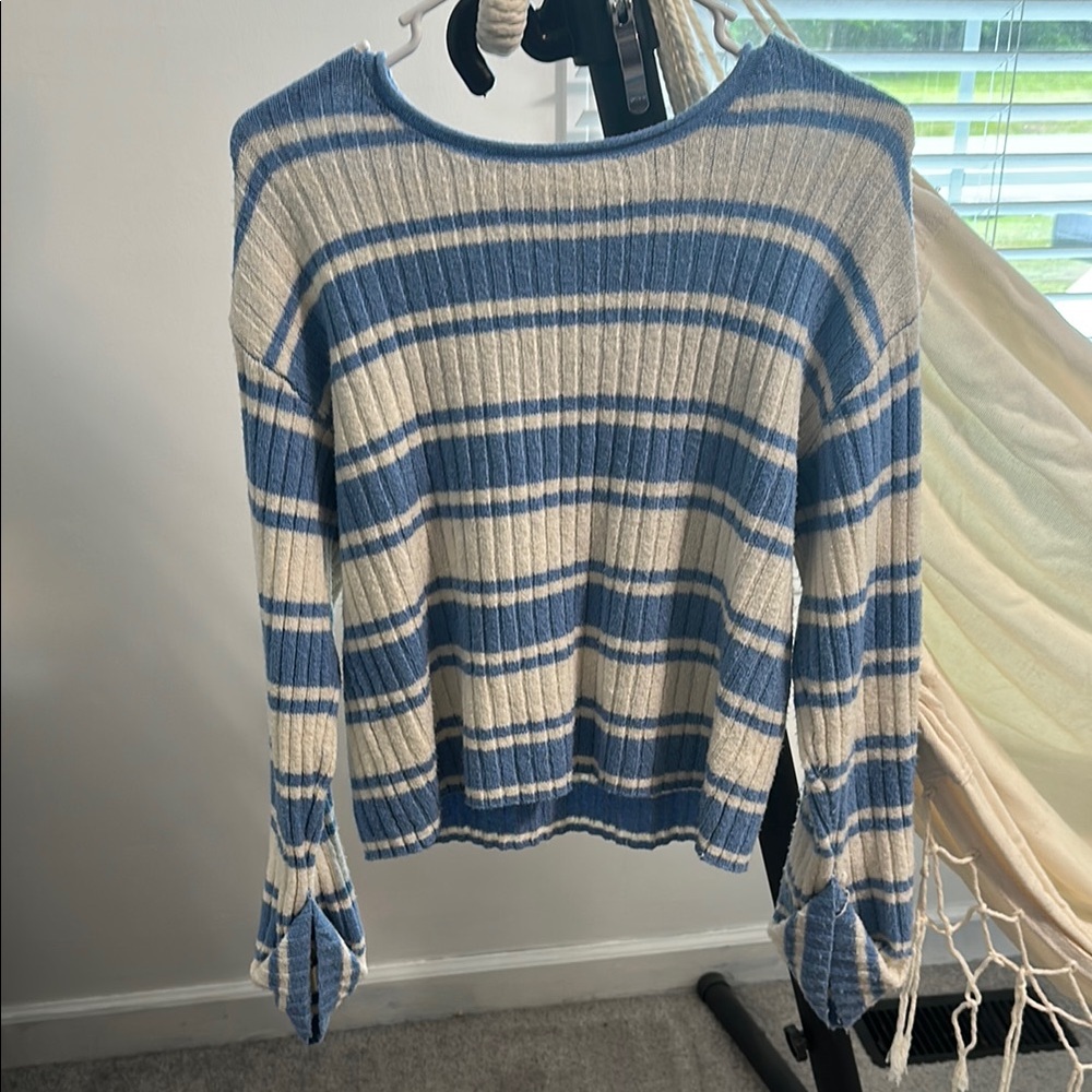 Blue and White Crew Neck Sweater with Nautical Stripes